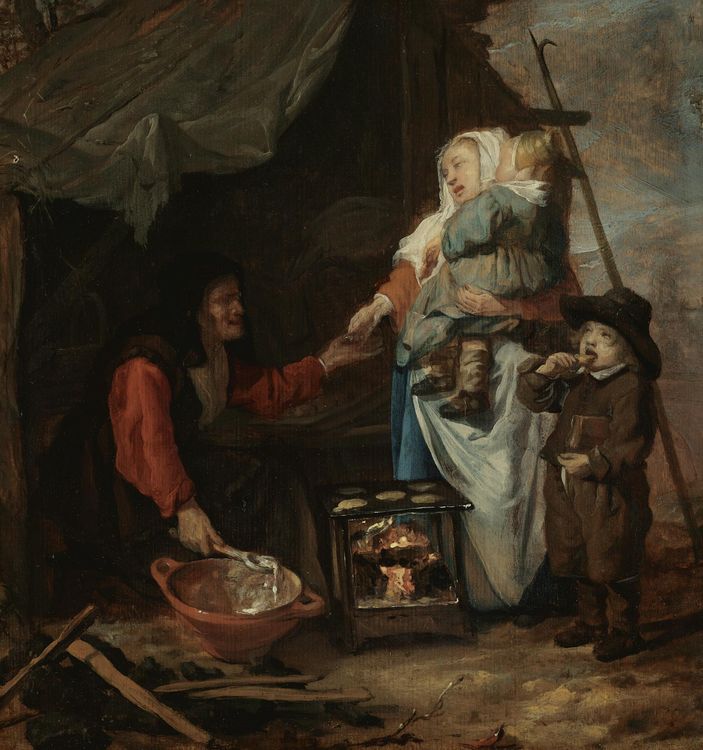 An old woman selling pancakes to a mother with children, vintage artwork by Gabriël Metsu, 12x8" (A4) Poster