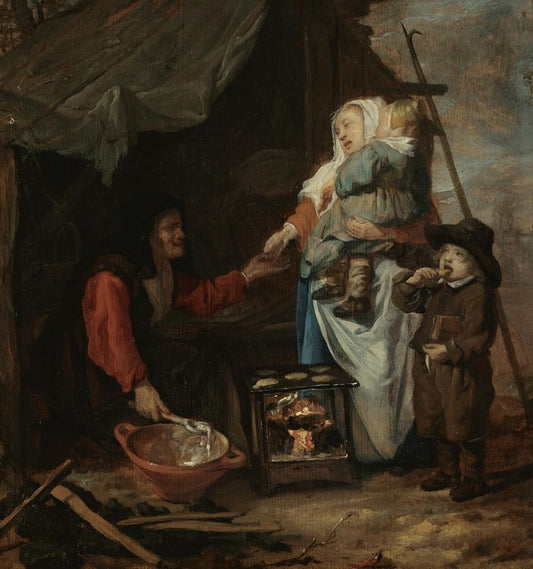 An old woman selling pancakes to a mother with children, vintage artwork by Gabriël Metsu, 12x8" (A4) Poster