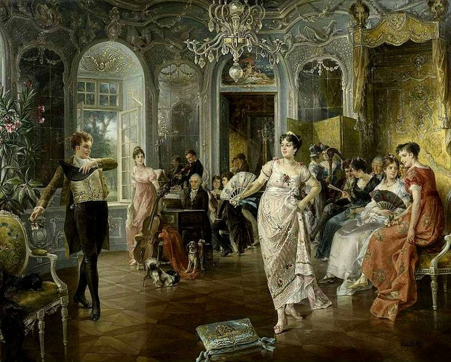 Interior with people dancing, vintage artwork by Carl Herpfer, 12x8" (A4) Poster