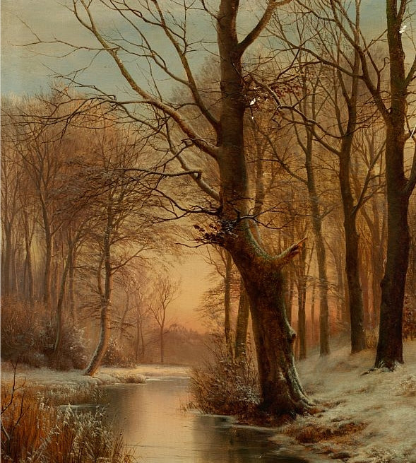 Late Afternoon in a Forest with a Frozen Brook, vintage artwork by Anders Anderson-Lundby , 12x8" (A4) Poster