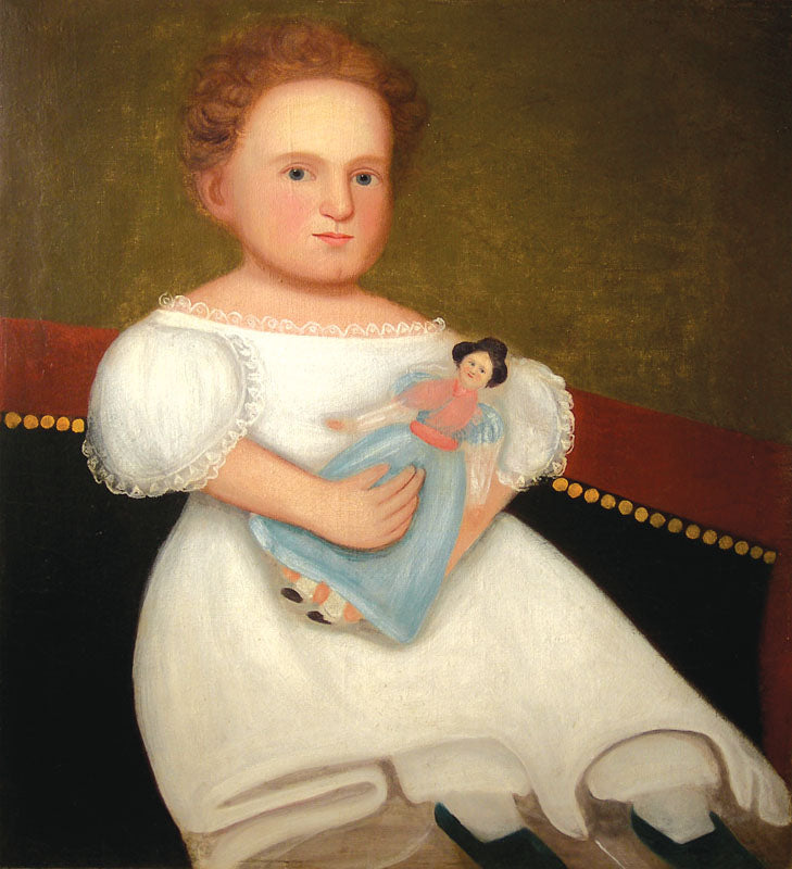 Portrait of a Little Girl with Doll Seated on a Sofa, vintage artwork by Zedekiah Belknap, 12x8" (A4) Poster