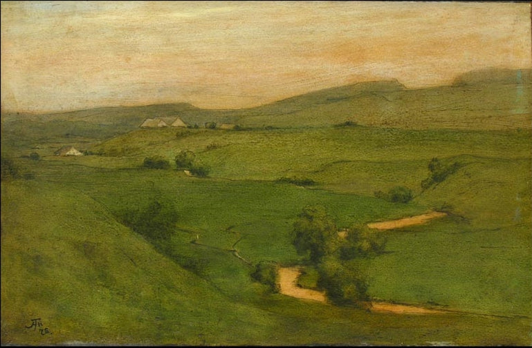 Hilly landscape with village and river, vintage artwork by Hans Thoma, 12x8" (A4) Poster