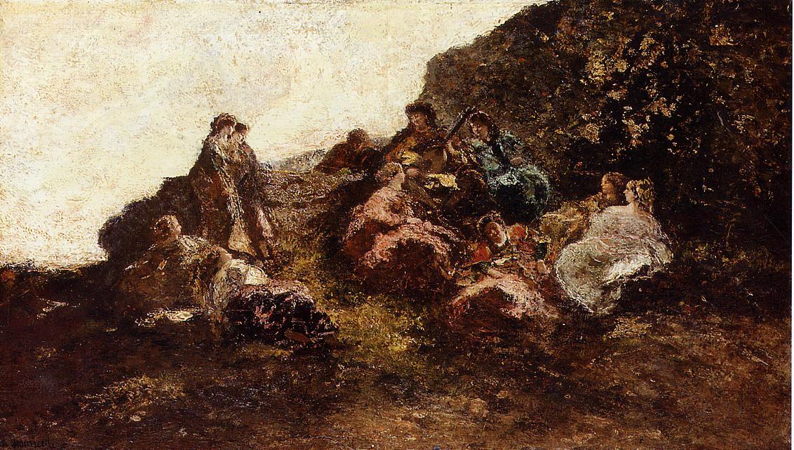 Gathering of Elegant Women, vintage artwork by Adolphe-Joseph-Thomas Monticelli, 12x8" (A4) Poster