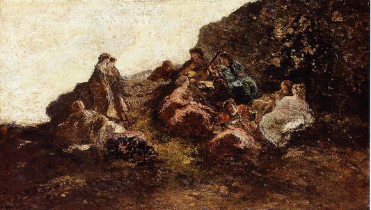 Gathering of Elegant Women, vintage artwork by Adolphe-Joseph-Thomas Monticelli, 12x8" (A4) Poster