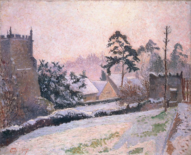 Snow Scene, East Knoyle Church, vintage artwork by Lucien Pissarro, 12x8" (A4) Poster