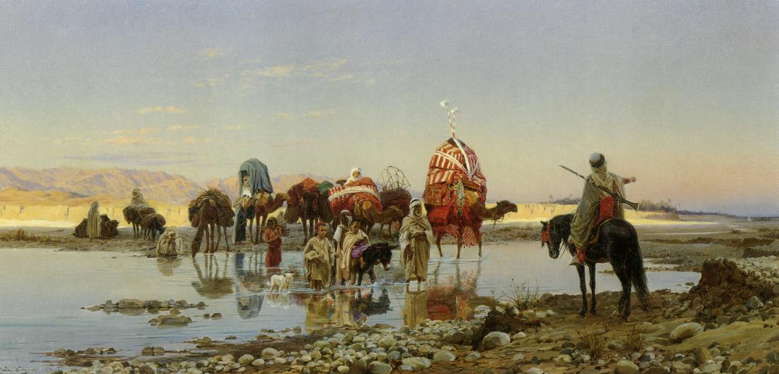 Arab Caravan Crossing a Ford, vintage artwork by Eugène-Alexis Girardet, 12x8" (A4) Poster