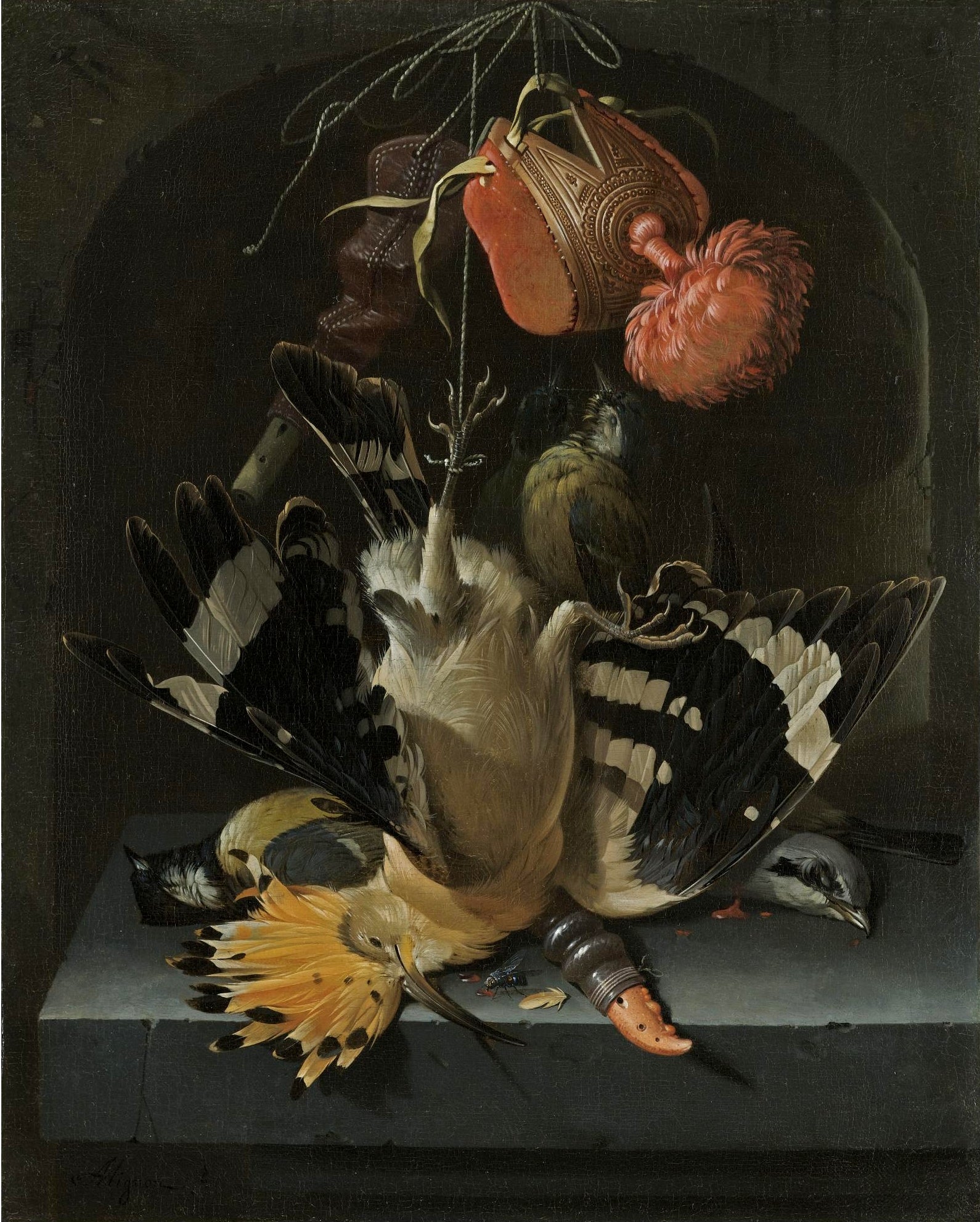 Still life with a hoopoe, a great tit, a falconry hood and a decoy whistle, vintage artwork by Abraham Mignon, 12x8" (A4) Poster