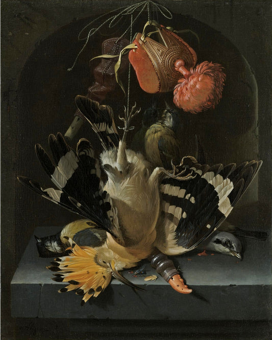Still life with a hoopoe, a great tit, a falconry hood and a decoy whistle, vintage artwork by Abraham Mignon, 12x8" (A4) Poster