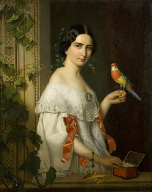Portrait of a Lady with a Parakeet, vintage artwork by Ágost Elek Canzi, A3 (16x12") Poster Print