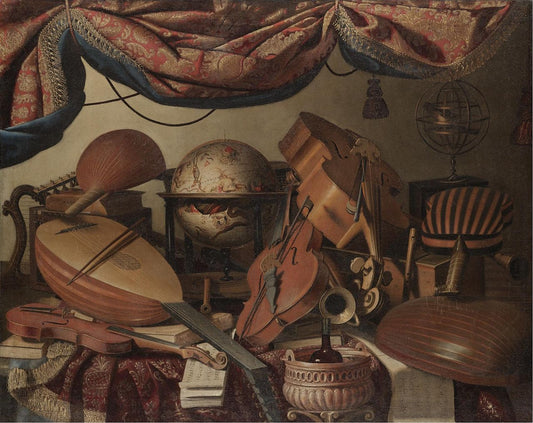 A Still Life with Musical Instruments with a Globe and Tomes of Classical Literature, vintage artwork by Bartolomeo Bettera, 12x8" (A4) Poster