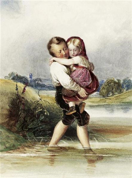 Boy carrying his sister over a stretch of water, vintage artwork by Friedrich von Amerling, A3 (16x12