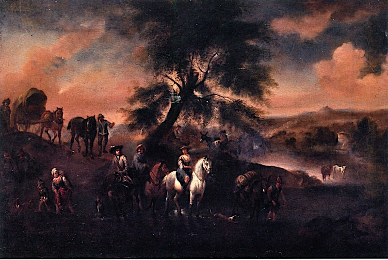 Italianate Landscape with Travelers Crossing a Stream, vintage artwork by Unknown Italian School (19th century), A3 (16x12") Poster Print