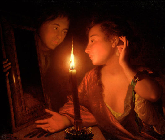 A Lady Admiring An Earring by  Candlelight, vintage artwork by Godfried Schalcken, 12x8" (A4) Poster