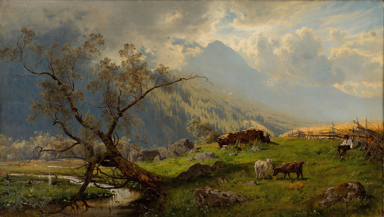 Shepherd in the Alps, vintage artwork by Hjalmar Munsterhjelm, 12x8" (A4) Poster