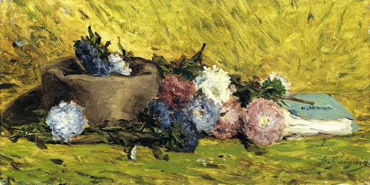 China Asters, Hat and Book, vintage artwork by Paul Gauguin, 12x8" (A4) Poster