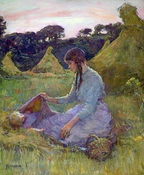 A Woman and Child in Hayfield, vintage artwork by Elizabeth Stanhope Forbes, 12x8" (A4) Poster