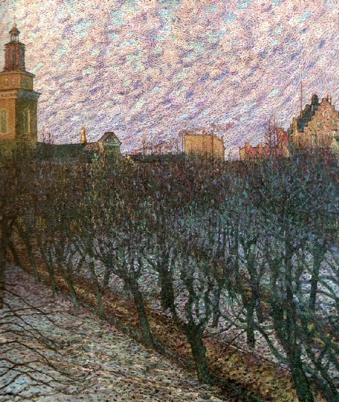 Evening Sun over Maria Magdalena Church Stockholm, vintage artwork by Nils Kreuger, 12x8" (A4) Poster