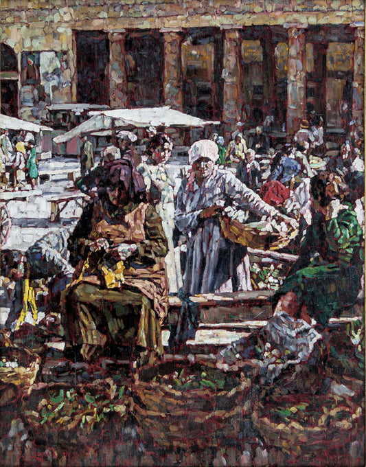 Market in Rome, vintage artwork by Enrico Lionne, 12x8" (A4) Poster
