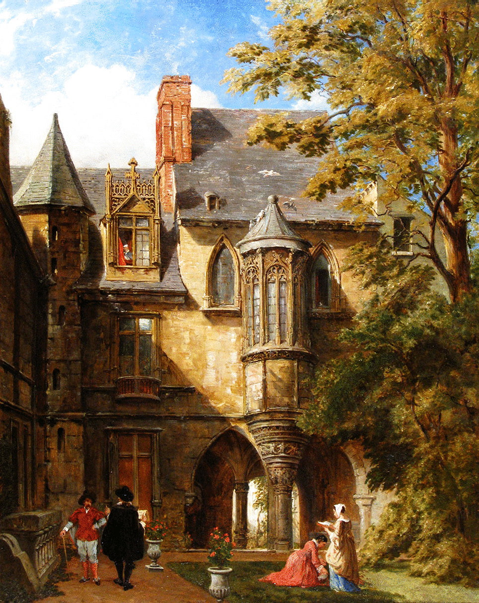 Views of The Court of Hotel Cluny, Paris, vintage artwork by William Parrott, A3 (16x12") Poster Print