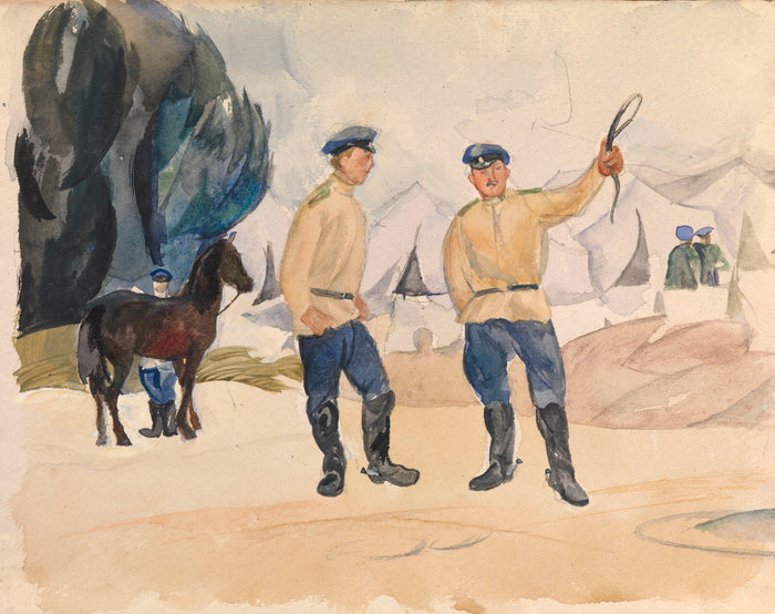 Soldiers by  a Bivouac, vintage artwork by Alexander Shevchenko, 12x8