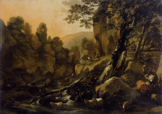 Herdsmen and Herds at a Waterfall, vintage artwork by Nicolaes Berchem, 12x8" (A4) Poster