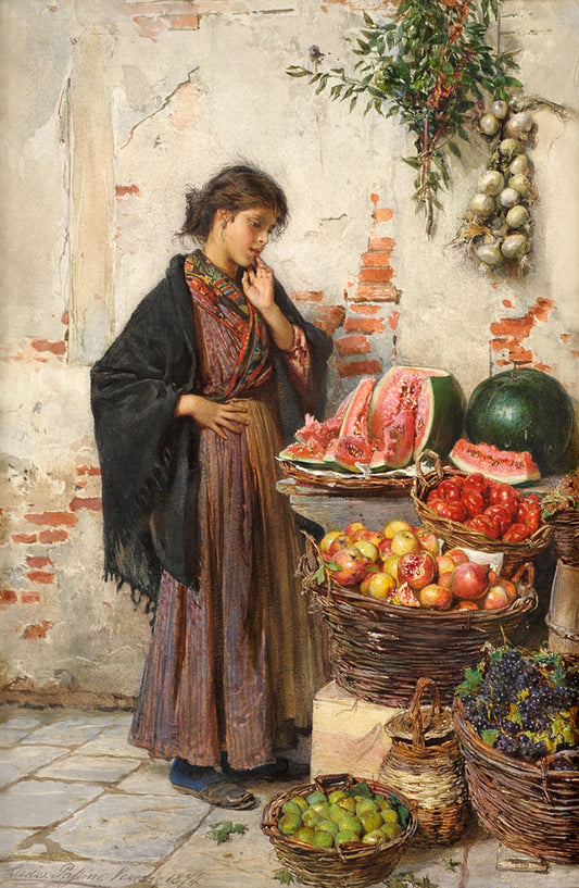 The Fruit Seller, Venice, vintage artwork by Ludwig Johann Passini, 12x8" (A4) Poster