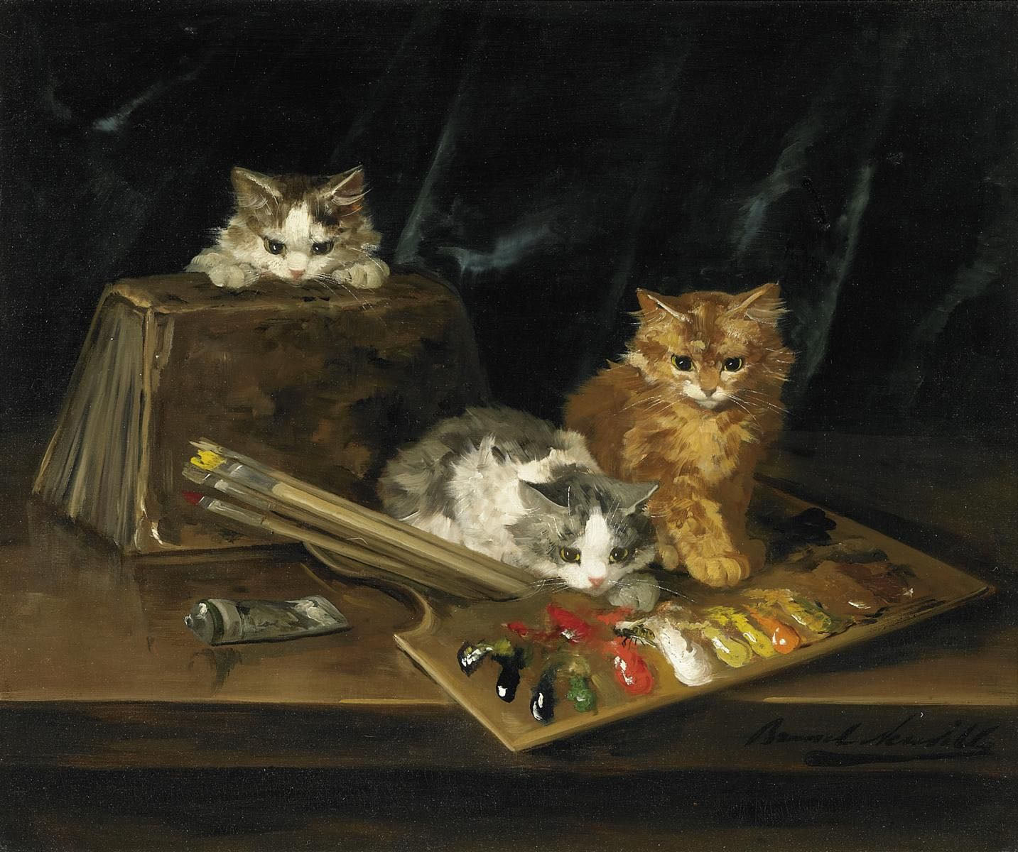 drei katzen mit farbpalette by Alfred Brunel de Neuville,A3(16x12")Poster