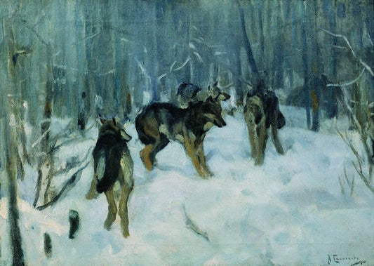 Wolves in a Winter Forest, vintage artwork by Alexei Stepanov, 12x8" (A4) Poster