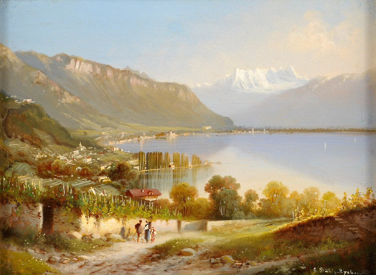 View of Montreux, vintage artwork by Hubert Sattler, A3 (16x12") Poster Print