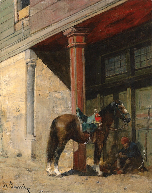 A Resting Guard with His Horse, vintage artwork by Alberto Pasini, 12x8" (A4) Poster