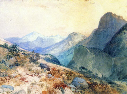 A Deer in a Mountain Landscape, vintage artwork by Thomas Moran, 12x8" (A4) Poster
