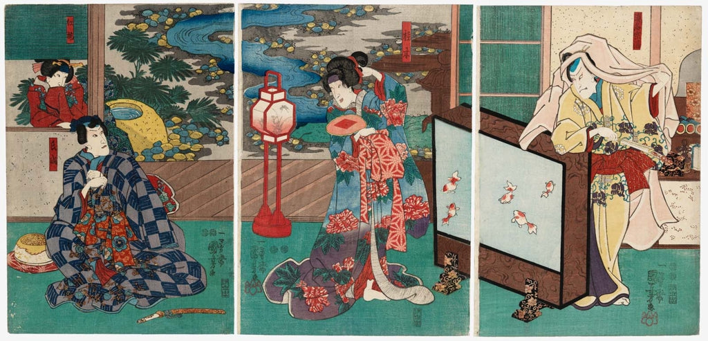 Actors Arashi Kichisaburô, Bandô Shûka, Onoe Kikujirô and Ichikawa Danjûrô, vintage artwork by Kuniyoshi Utagawa, A3 (16x12") Poster Print