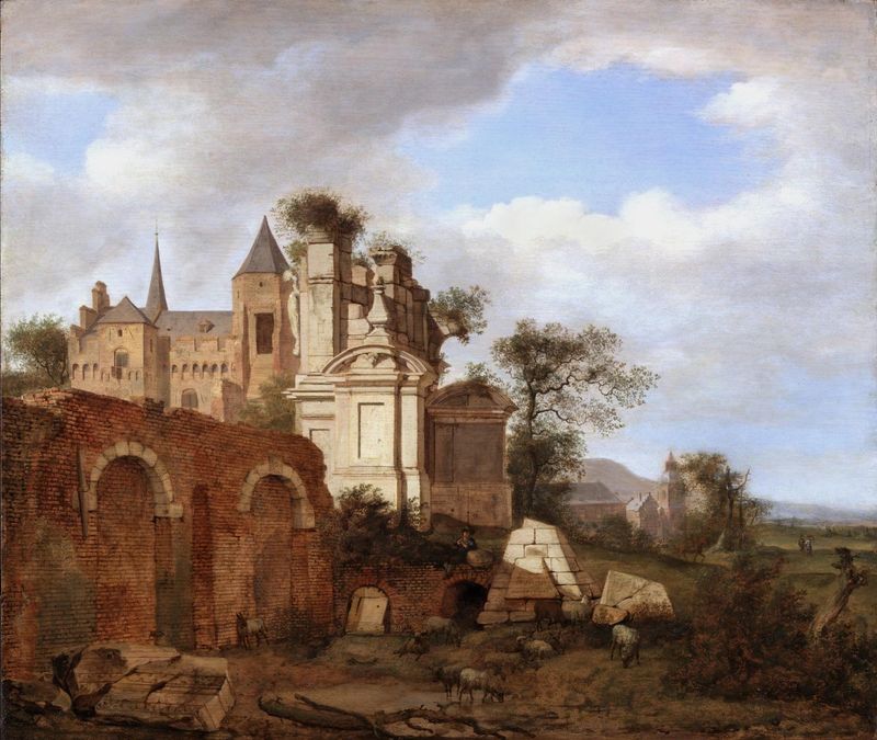 Ideal Landscape with a Romanesque Church, vintage artwork by Jan van der Heyden, 12x8" (A4) Poster