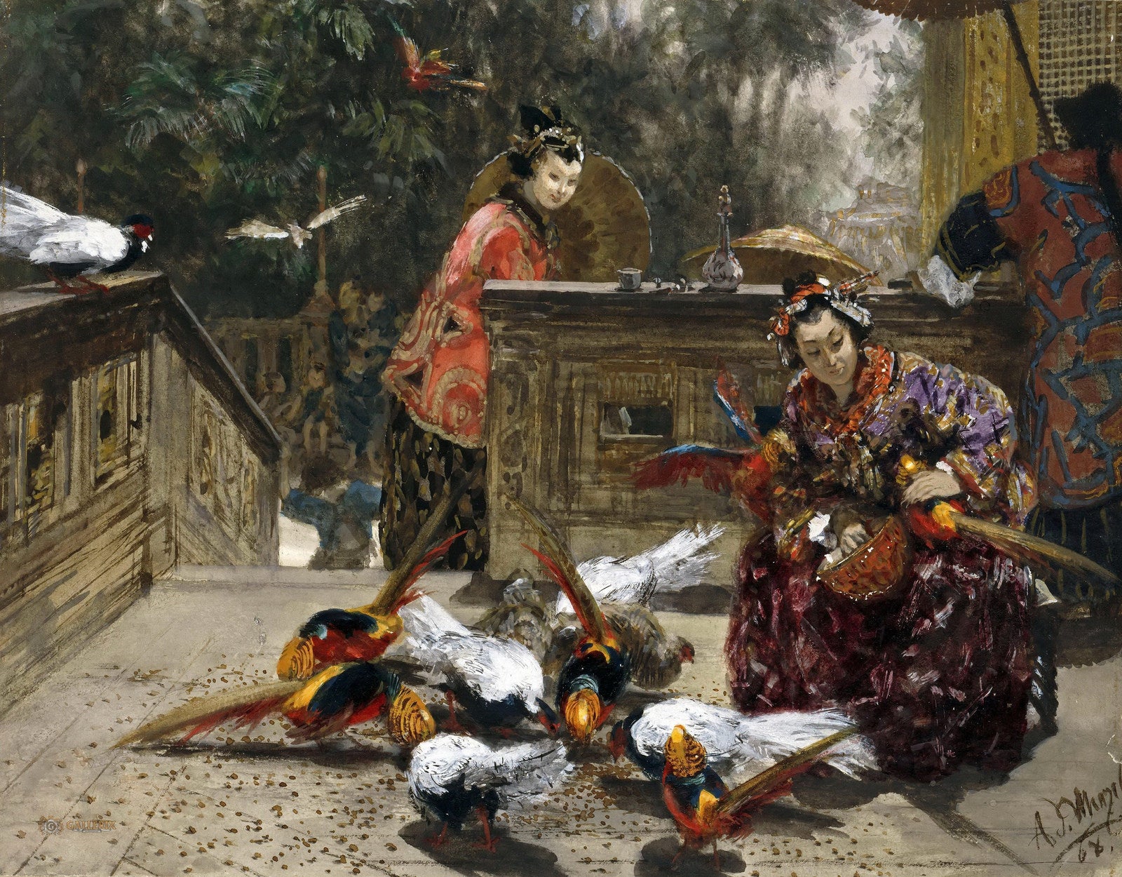 Chinese Women with Pheasants, vintage artwork by Adolph von Menzel, A3 (16x12") Poster Print