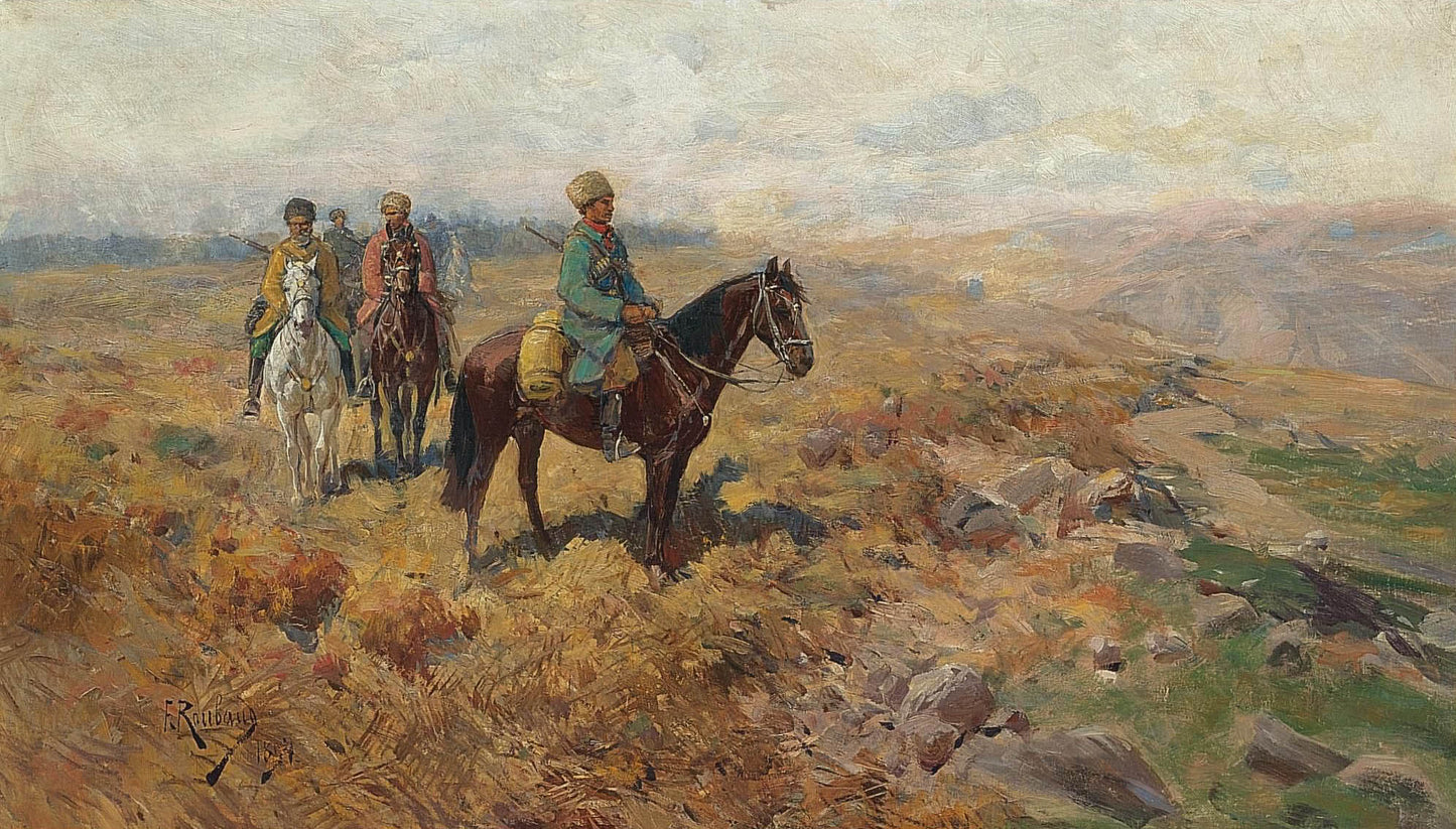 Riders in the Mountains, vintage artwork by Franc Alekseevich Rubo, 12x8" (A4) Poster