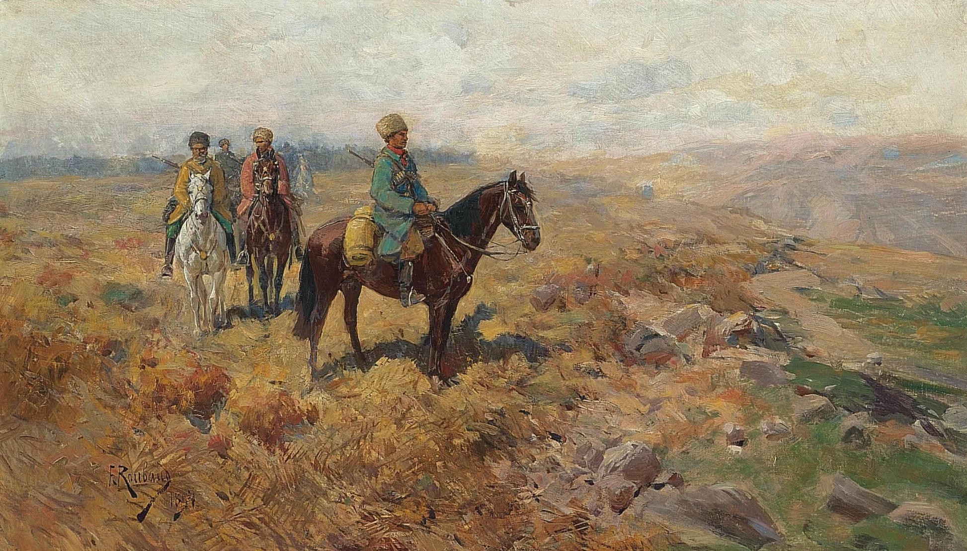 Riders in the Mountains, vintage artwork by Franc Alekseevich Rubo, 12x8" (A4) Poster
