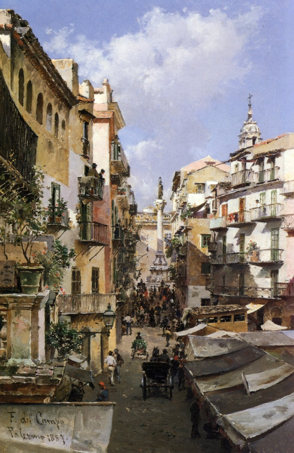 A Busy Thoroughfare, Palermo, Sicily, vintage artwork by Federico del Campo, 12x8" (A4) Poster