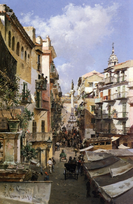 A Busy Thoroughfare, Palermo, Sicily, vintage artwork by Federico del Campo, 12x8" (A4) Poster