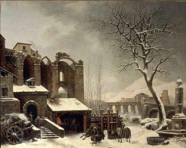 Snow Effects on the Ruins of a Gothic Church with a Bridge in the Distance, vintage artwork by Cesar Van Loo, 12x8" (A4) Poster