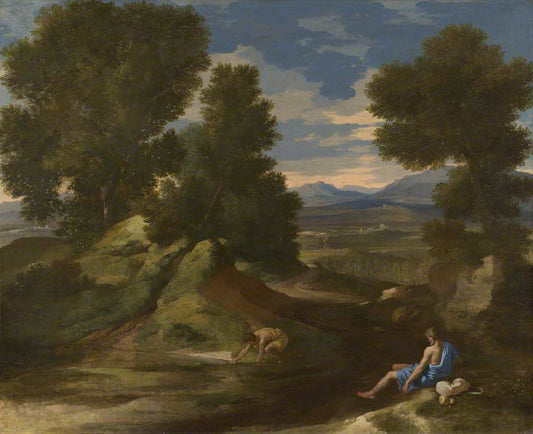 Landscape with a Man Scooping Water from a Stream, vintage artwork by Nicolas Poussin, 12x8" (A4) Poster