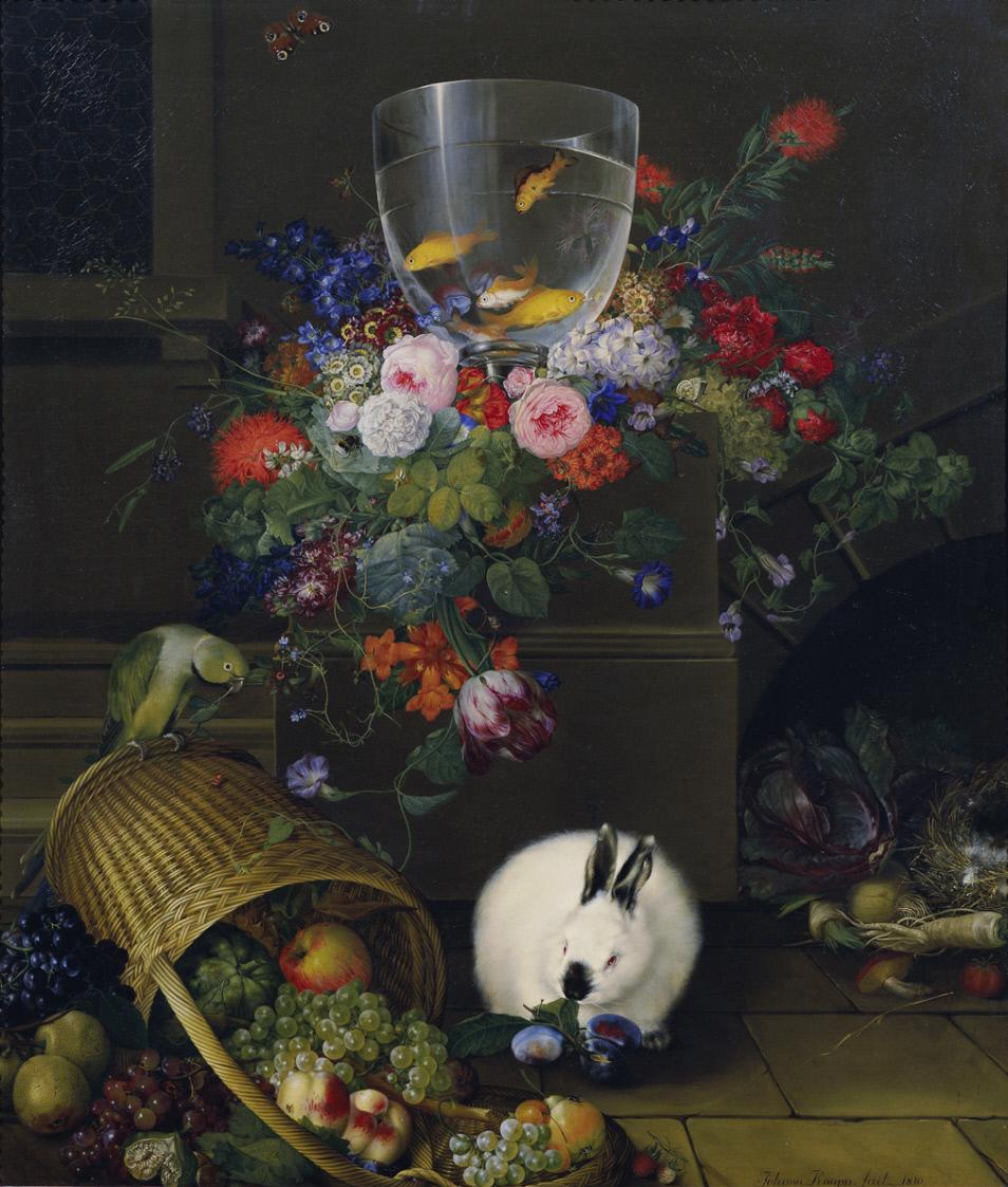 Still Life with Goldfish Bowl, vintage artwork by Johann Knapp, 12x8" (A4) Poster
