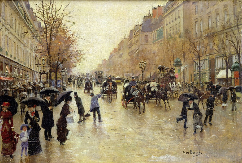 Boulevard Poissonniere in the Rain, vintage artwork by Jean-Georges Beraud, 12x8" (A4) Poster