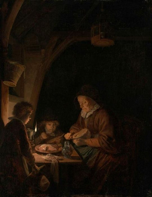 Old Woman Cutting Bread, vintage artwork by Gerrit Dou, 12x8" (A4) Poster
