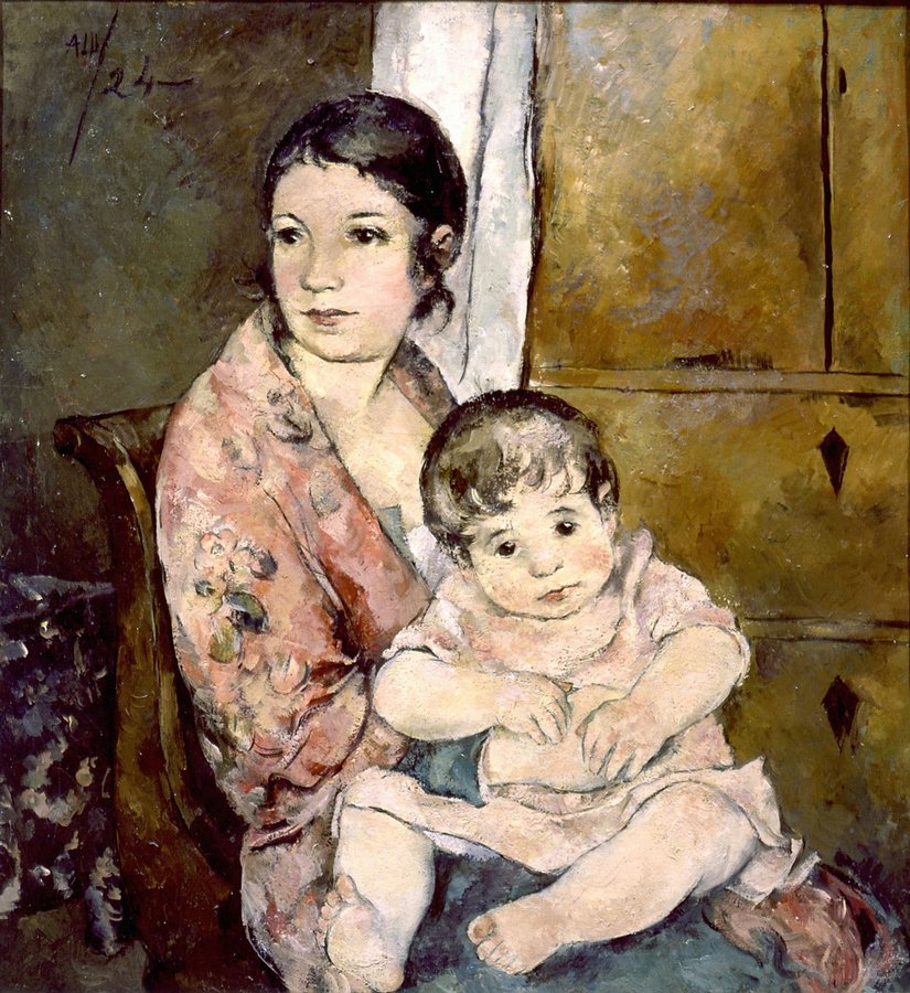 Portrait of the Artist's Wife and Daughter, vintage artwork by Alexander Shevchenko, 12x8" (A4) Poster