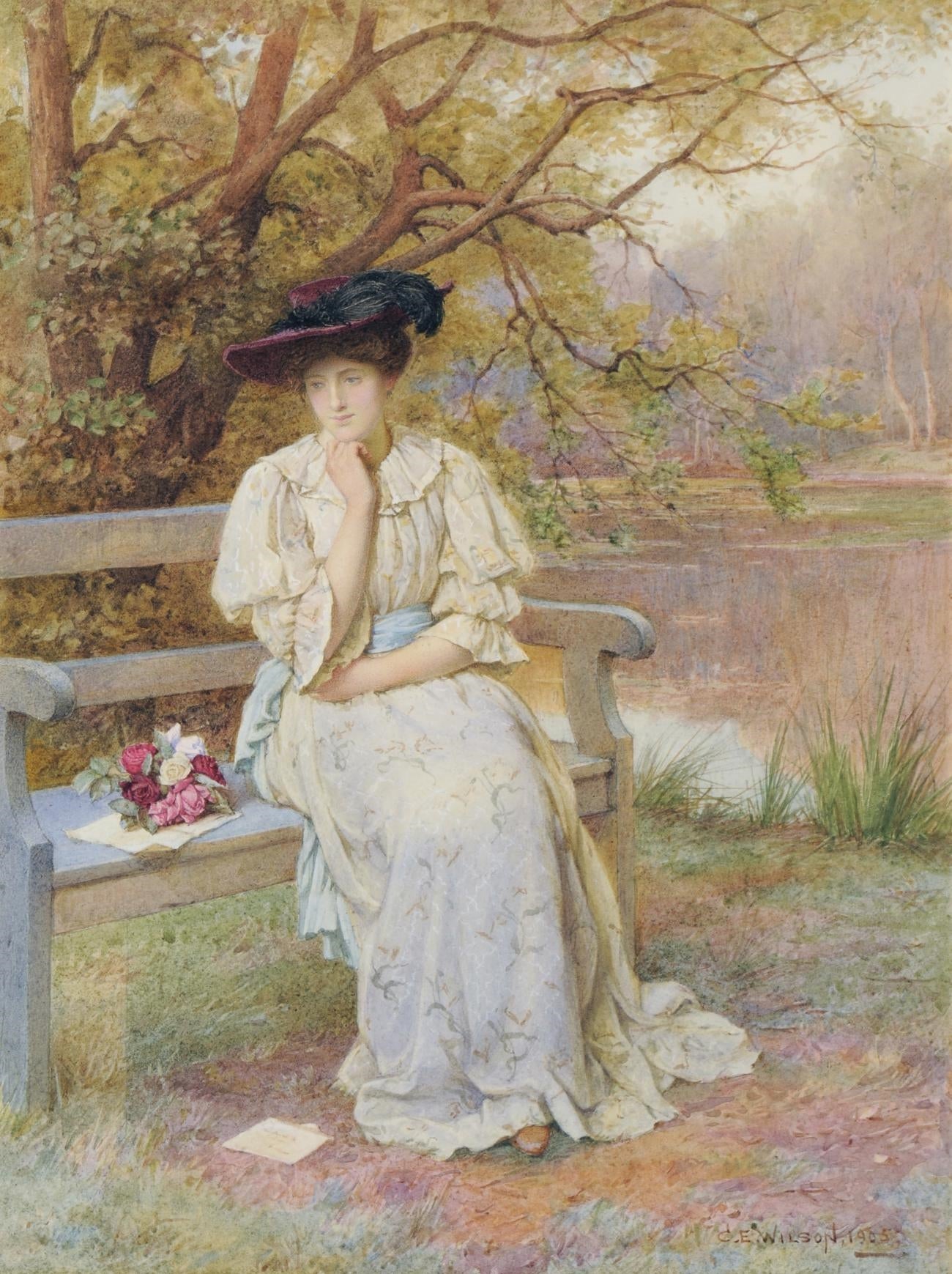 An Elegant Lady Seated on a Bench with a Posey, vintage artwork by Charles Edward Wilson, 12x8" (A4) Poster