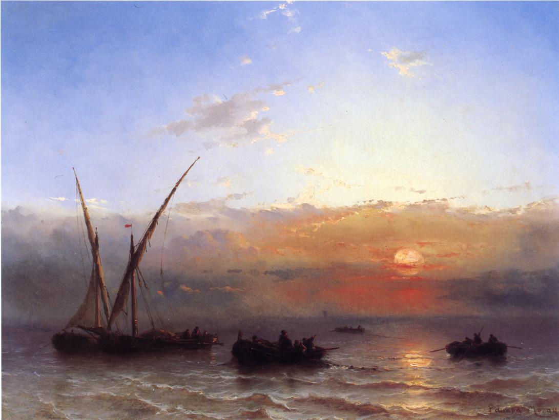 Fishing Boats at Sunset, vintage artwork by Edward Moran, 12x8" (A4) Poster