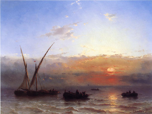 Fishing Boats at Sunset, vintage artwork by Edward Moran, 12x8" (A4) Poster