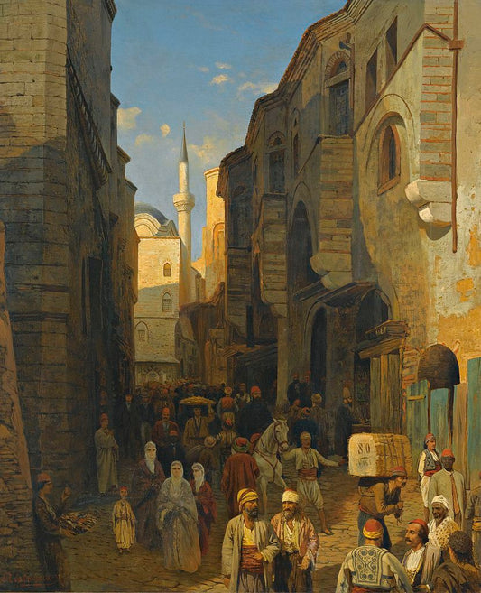 A Busy Street in Tangiers, vintage artwork by Themistolles von Eckenbrecher, 12x8" (A4) Poster