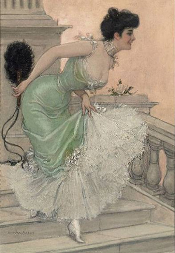 An Elegant Lady on the Stairs, vintage artwork by Jan van Beers, 12x8" (A4) Poster