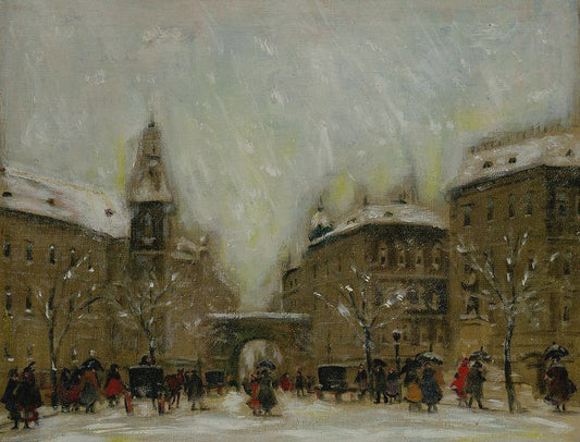 Budapest in the Snow, vintage artwork by Antal Berkes, 12x8" (A4) Poster